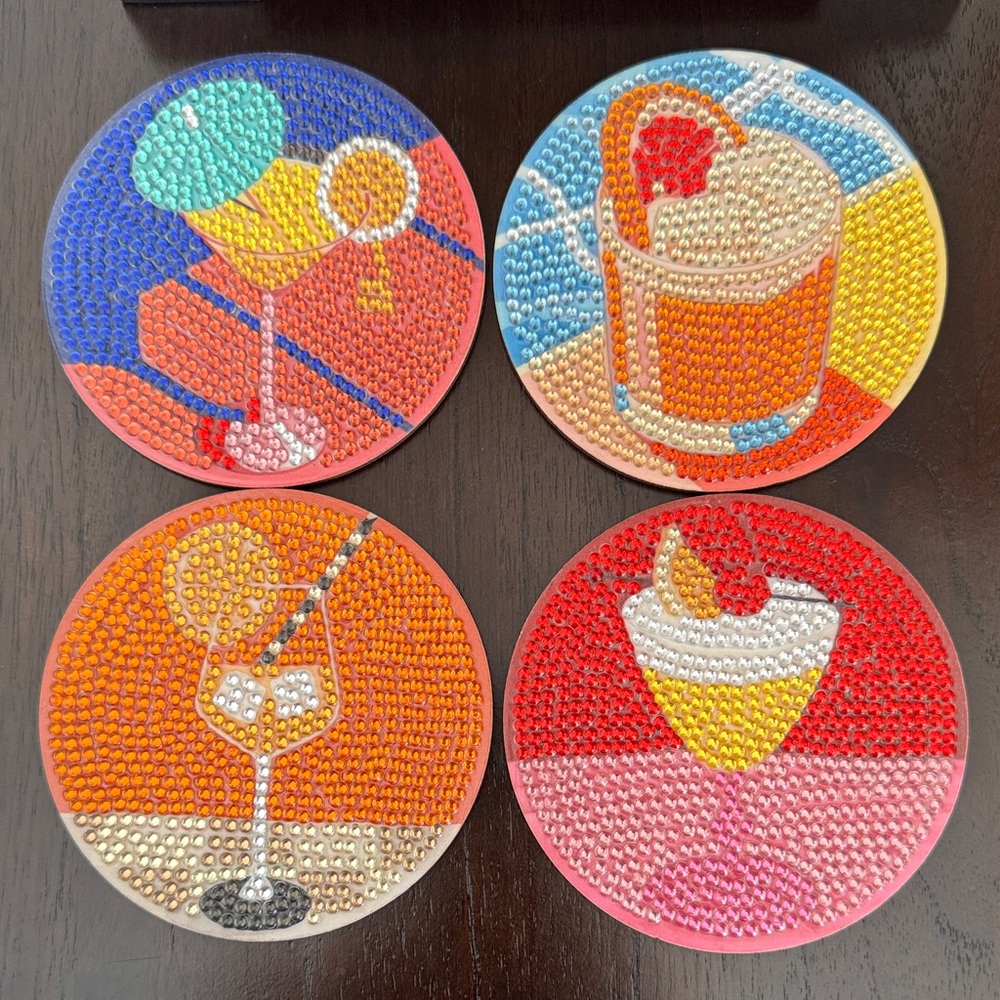 Diamond Art Cocktail Themed Coasters – Set of 4 w/Metal Display Stand